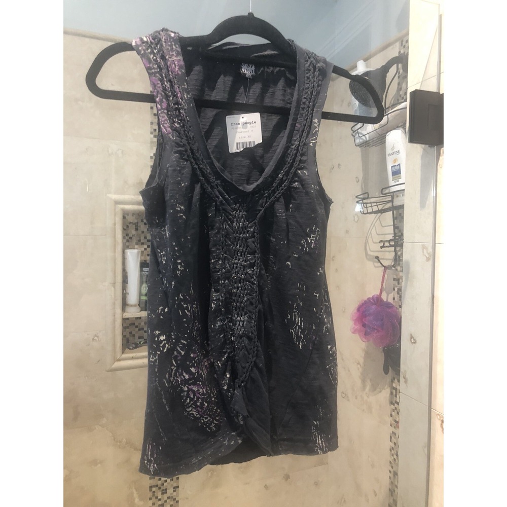 Free People Macrame Braided Tank Top Charcoal Gray Boho XS New